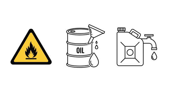 Flammable liquid warning symbol oil barrel and fuel can icons.