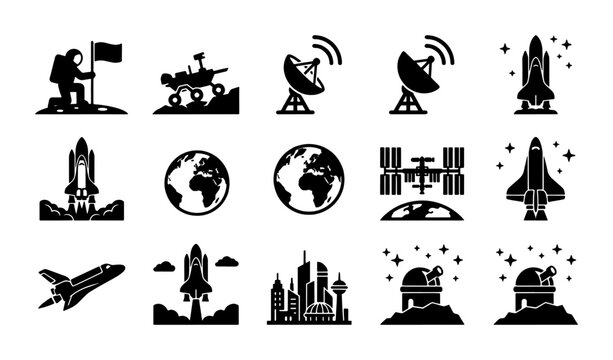Space exploration icon set with 15 black vector symbols, astronomy and galaxy research elements, rocket launch and satellite technology graphics