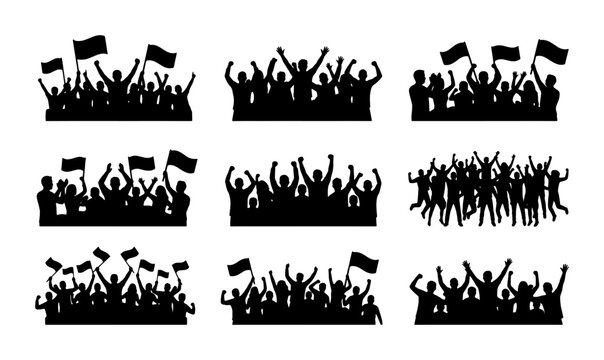 Cheering crowd silhouettes set, sports fans with flags and raised hands vector collection, concert audience and protest group silhouettes