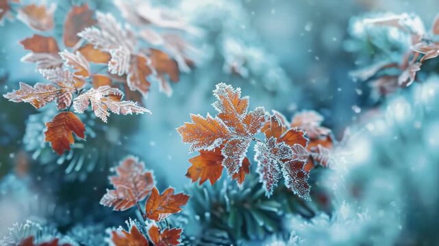 Snowy scene featuring leaves and branches covered with delicate snowflakes, perfect for winter-themed designs.
