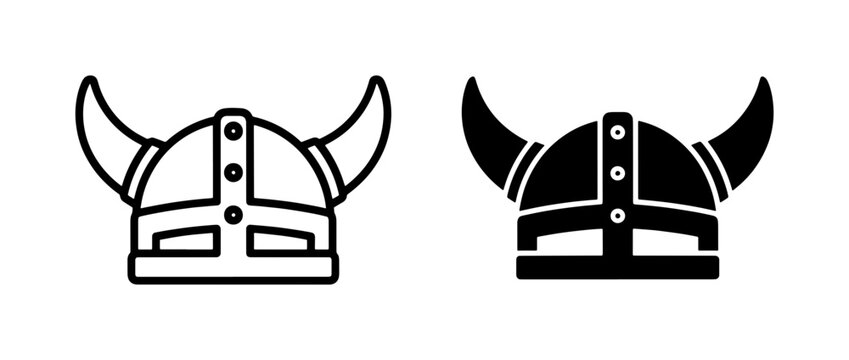 Viking helmet icon set with horns in outline and silhouette style