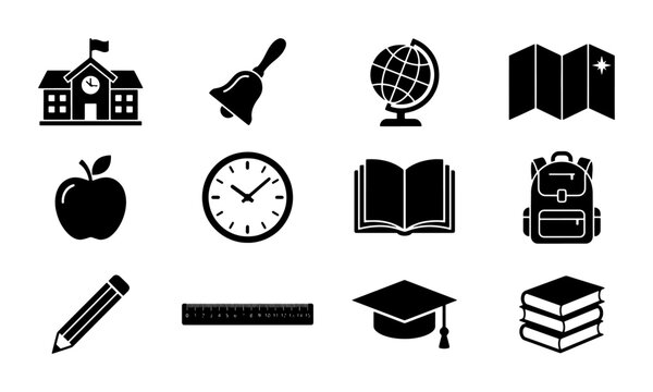 Black school icons set, 12 education vector symbols including globe and backpack, academic supplies and graduation elements for student learning