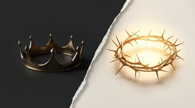Reversed crown of thorns and royal crown symbolizing suffering and redemption, Holy Week background representing death and resurrection of Jesus Christ.