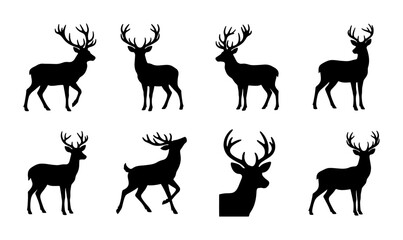 Deer silhouette vector collection, 8 black stag and buck icons with antlers, wild reindeer and elk animal shapes for hunting and nature logos © Mithun