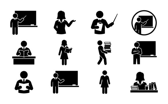 Teacher and Professor Icon Set, 12 Education Vector Pictograms, Academic Instructor and Student Figures in Minimalist Black Silhouette Style