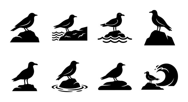 Seagull silhouette icon set, 8 coastal bird vector elements on rocks, black nautical sea gull graphics with ocean waves, marine wildlife logo collection