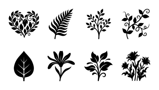 Black floral silhouettes set, 8 botanical leaf and flower icons, decorative garden plant elements, organic nature vector illustrations for logo design