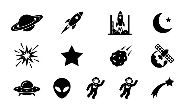 Minimalist space exploration icon set, black galaxy symbols including rocket and astronaut, 12 flat vector astronomy elements for web design