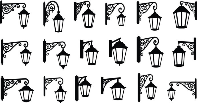 Wall Lantern Silhouette Set &ndash; Decorative Bracket Street Lamp Vector Icons