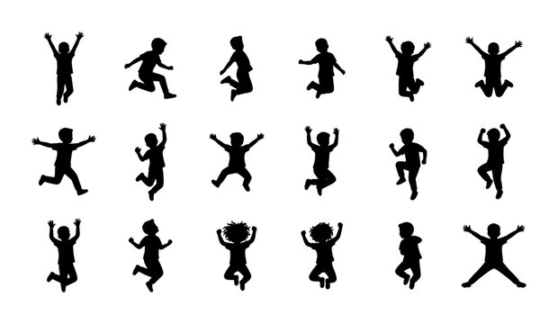 Jumping kids silhouettes collection, set of 18 happy children jumping and playing, active youth energy vector icons for school and sports