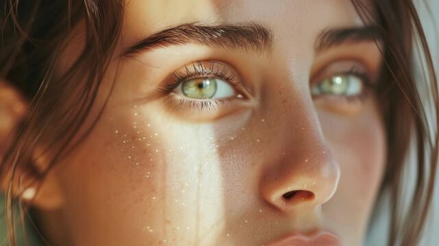 A close-up portrait of a woman with beautiful green eyes, freckled skin, and sunlit highlights on her face. Her gaze is focused and intense.