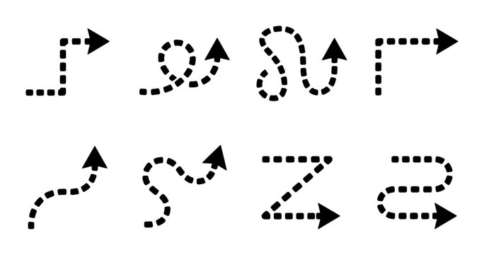 Dotted arrow vector set, black dashed line pointers in various shapes, minimalist curved and zigzag directional icons for navigation and flowcharts