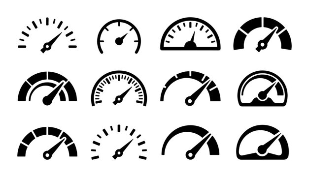 Speedometer icon set with 12 vector elements, black dashboard gauge symbols for performance tracking, minimalist tachometer and odometer dial graphics
