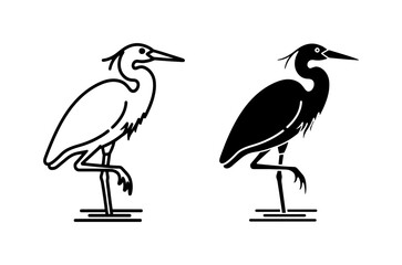 Fototapeta premium Heron Bird Silhouette and Line Art Vector Set