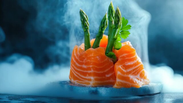 A gourmet seafood dish featuring asparagus spears on top of fresh pink salmon slices, enhanced by the visual effect of smoke or vapor.