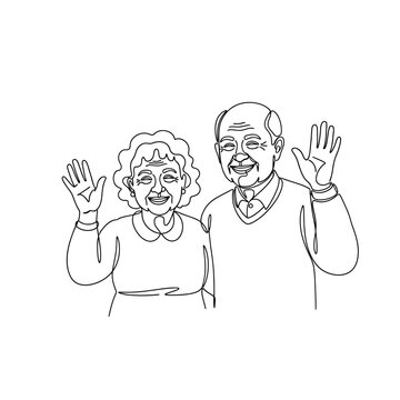 Smiling elderly couple waving hands.