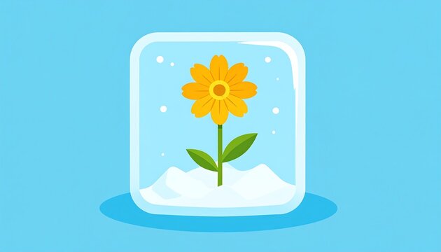 A vibrant yellow flower encased in a square block of ice, nestled in a bed of snow