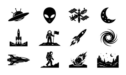 Space exploration icon set, black silhouette galaxy symbols, 12 astronomy vector elements including astronaut, rocket ship, and alien head © Sumaiya