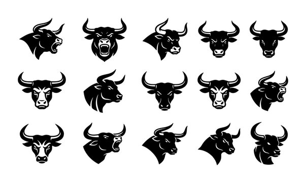Aggressive bull head mascot set, 15 black and white bull icons, angry buffalo and ox head vector collection for sports team logos and branding
