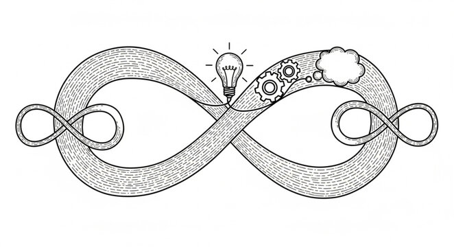Infinity loop with lightbulb gears and cloud symbols representing continuous process.