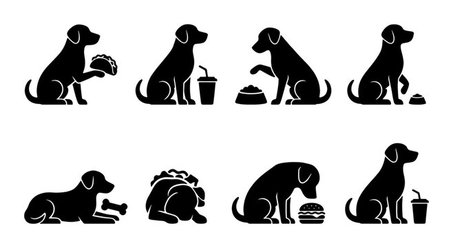 Dog silhouette icons set, black labrador retriever eating food and drinking, pet nutrition and canine behavior vector collection, 8 animal pictograms
