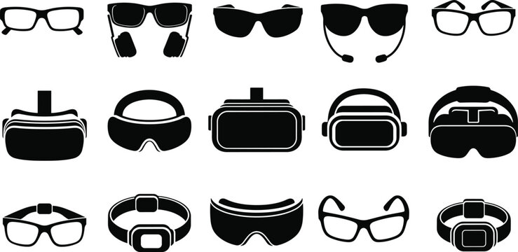 Goggles and Sunglasses Silhouette Set &ndash; VR Headset Eyewear Vector Icons Collection