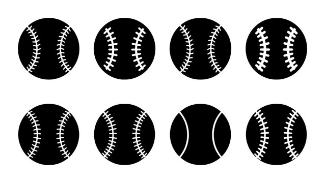 Baseball ball silhouette icons set, 8 black vector sports ball symbols with white stitching, softball equipment graphic elements for team logos