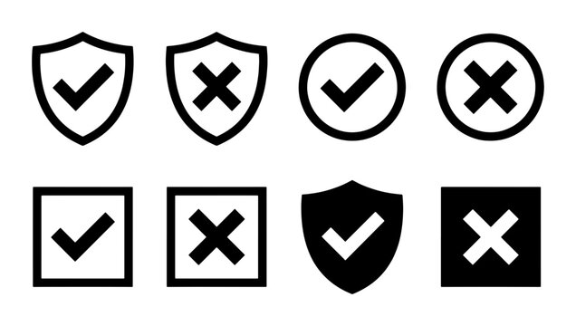 Minimalist check mark and cross icon set, black security shield and validation symbols, 8 vector elements for web interface and data verification