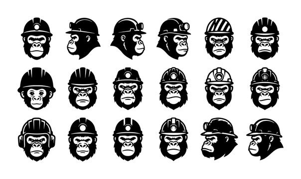 Gorilla construction worker mascot set, 18 ape head icons wearing hard hats and mining helmets, industrial primate vector collection for logos
