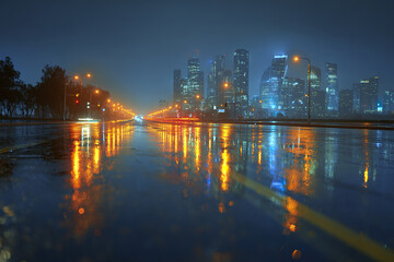 Fototapeta premium Rainy evening cityscape with glowing lights reflecting on wet asphalt road, modern skyscrapers in background, and street lamps illuminating scene with vibrant colors