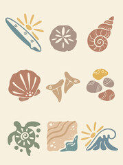 Naklejka premium Seashells and ocean beach icons set.