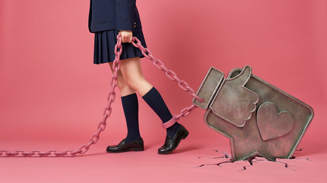 Social media influence concept with student dragging heavy like icon, pressure of online approval and validation