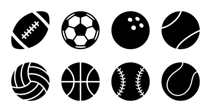 Minimalist sports ball icons set, black silhouette athletic equipment collection, 8 vector symbols for soccer, football, basketball and baseball