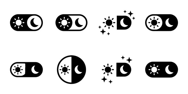 Minimalist dark mode toggle switch icons, sun and moon day night mode buttons, set of 8 black and white UI elements for mobile app and web design