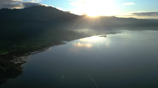 Breathtaking Aerial View of Bafa Lake at Sunrise with Fog and Ancient Ruins, Turkey. High quality 4k footage