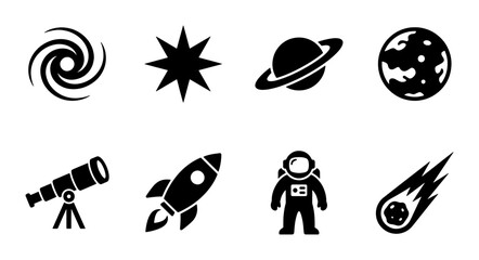 Minimalist space icon set, black solid astronomy symbols, collection of 8 vector elements featuring astronaut, rocket ship, and planets © Abu
