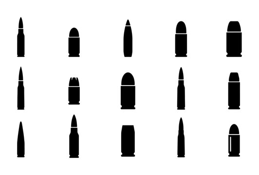 Black bullet silhouette icons, set of 15 ammunition vector elements, gun cartridge and firearm projectile symbols for hunting and military design