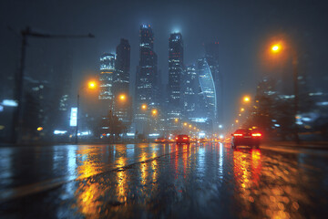 Obraz premium Rainy night city skyline with glowing skyscraper lights reflecting on wet street, cars driving through urban area creating moody and atmospheric scene with bright street lamps