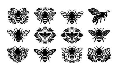 Vintage honey bee silhouettes, set of 12 decorative bumblebee icons, black floral insect vector graphics for logo design and branding © Muna