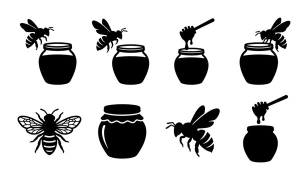 Honey bee and glass jar icons set, black silhouette honey dipper and bumblebee vector illustrations, organic apiary product symbols for packaging