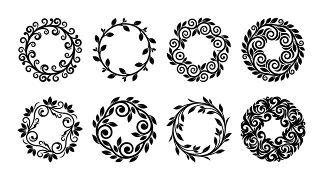 Vintage floral wreath collection, 8 black circular leaf frames. Ornamental hand drawn botanical borders, elegant swirl and foliage vector set for wedding stationery.