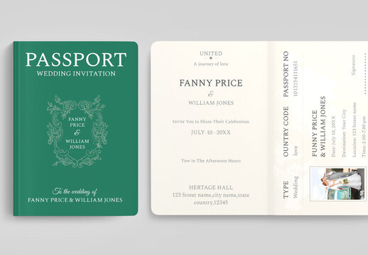 Green Passport Wedding Invitation Card