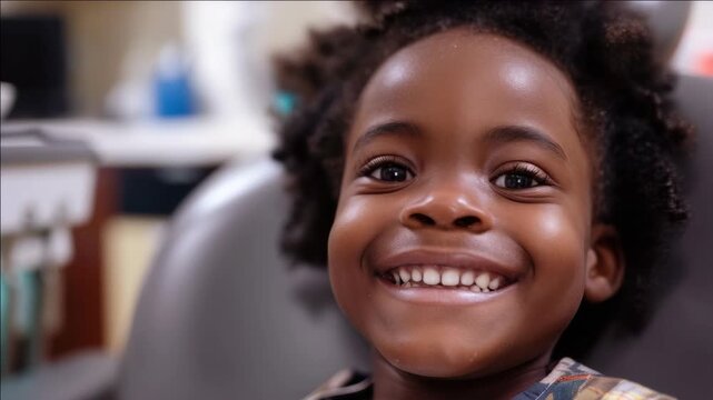 Bright smile shines from a young child's face. Curly dark hair frames a joyful expression. Child sits calmly in a dental chair. Eyes sparkle with innocence and happiness