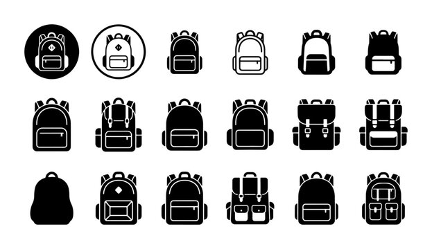 Minimalist backpack icon set, 18 black and white school bag vector symbols, travel rucksack and hiking pack silhouettes for web and mobile UI