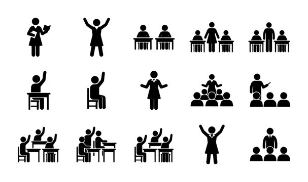 Education and classroom icons set, black school student and teacher pictograms, 15 vector stick figures for learning and teaching concepts