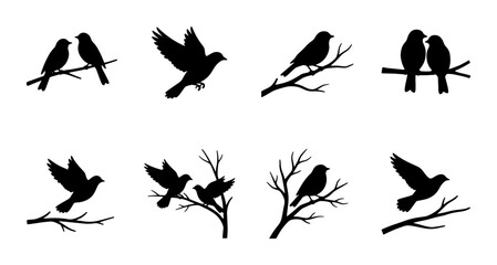 Fototapeta premium Black bird silhouettes on tree branches, set of 8 avian vector icons, flying and perched songbirds, nature wildlife elements for graphic design