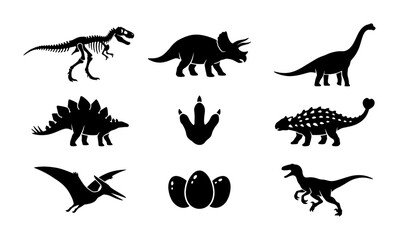 Dinosaur silhouette icon set, prehistoric animal vector collection with T-Rex and Triceratops, black jurassic creature symbols for educational design © Khalilur