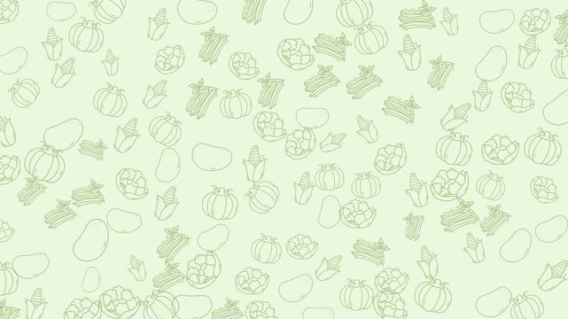 Smooth pale green seamless pattern of hand drawn vegetable outlines, perfect for food packaging, backgrounds, textiles and eco branding, offering a delicate sketch-style texture.