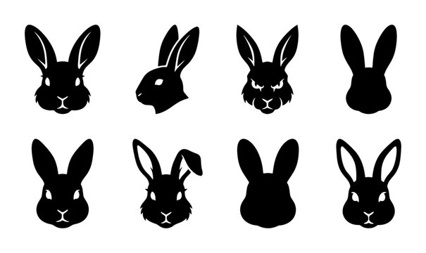 Minimalist rabbit head silhouettes, set of 8 black bunny icons, stylized hare face vector illustrations for Easter and wildlife branding