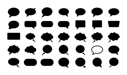 Black speech bubble icons set, 35 comic chat clouds and thought bubbles vector, minimalist talk balloon silhouettes for social media and messaging © Mouri